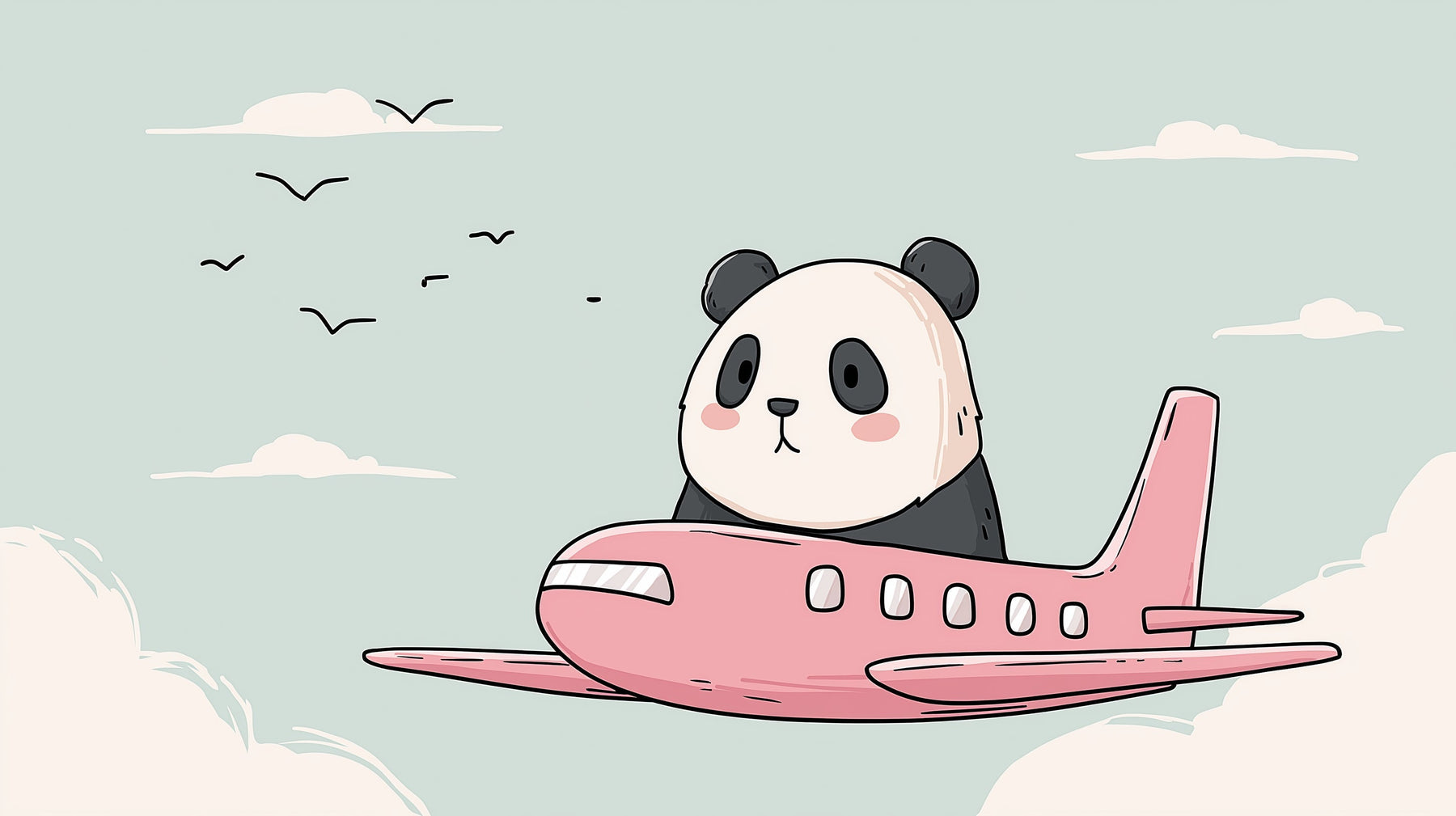 Detailed panda pilot airplane mural wallpaper design pattern with pastel clouds by Kids-Mundo