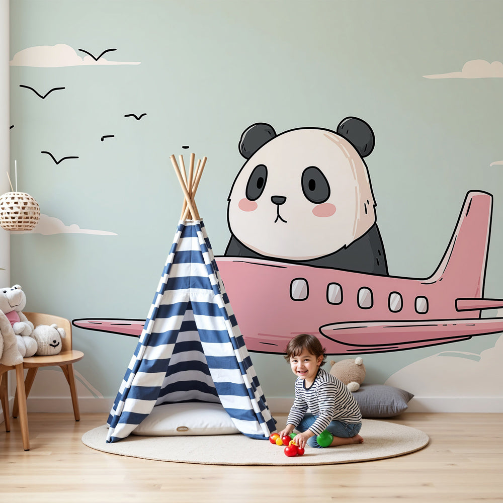 Panda airplane mural wallpaper in modern nursery with soft pink and blue aviation theme by Kids-Mundo