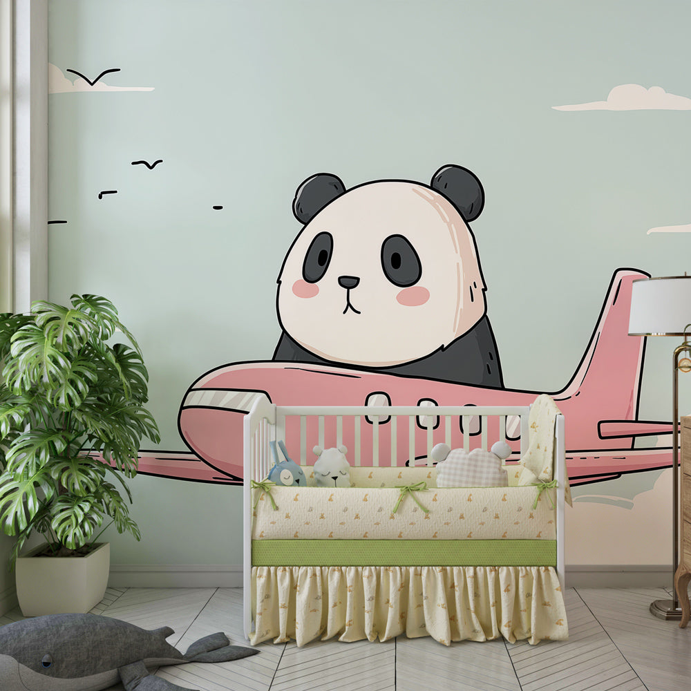 Whimsical panda aviation mural wallpaper with clouds and pink airplane for toddler room by Kids-Mundo
