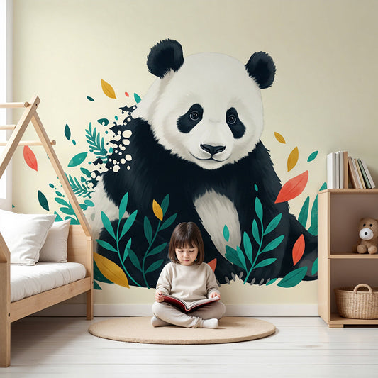 Kids-Mundo panda wall mural in a bright nursery, made to measure with colourful leaves and a friendly panda.