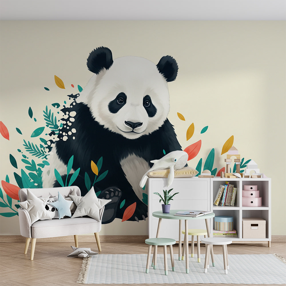 Kids-Mundo panda wall mural brightening a playroom with a cheerful panda and vibrant foliage.
