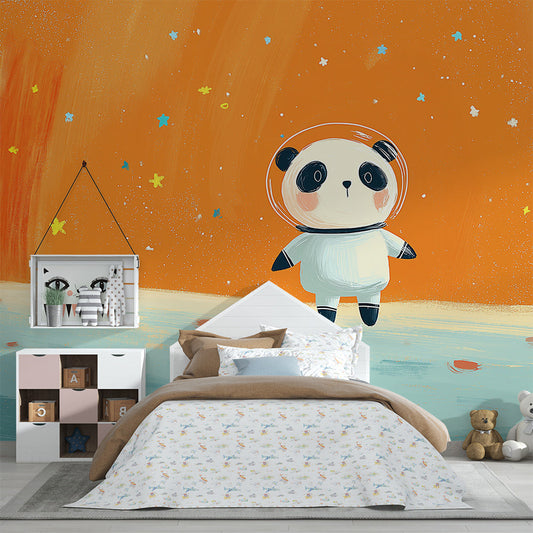 Kids-Mundo orange planet wall mural covering a feature wall in a child's bedroom