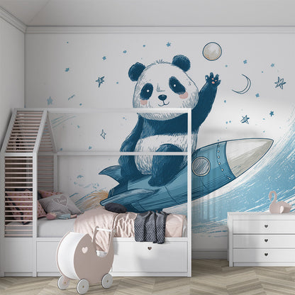 Kids-Mundo panda astronaut wall mural covering a feature wall in a child's space-themed bedroom