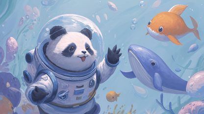 Kids-Mundo flat artwork of a panda astronaut meeting a whale and fish underwater