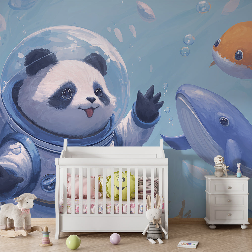 Kids-Mundo panda astronaut wall mural adding an underwater scene to a playroom
