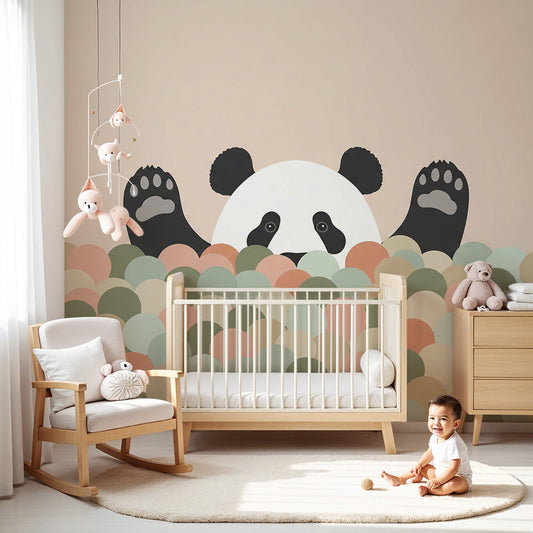 Panda ball pit wall mural by Kids-Mundo styled in a soft pastel nursery