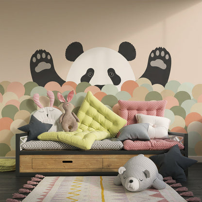 Panda ball pit peekaboo wall mural by Kids-Mundo in a calm playroom corner