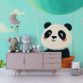 Children's bedroom featuring panda balloon adventure wallpaper with blue sky theme