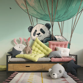 Gentle panda balloon mural wallpaper adding peaceful charm to children's playroom