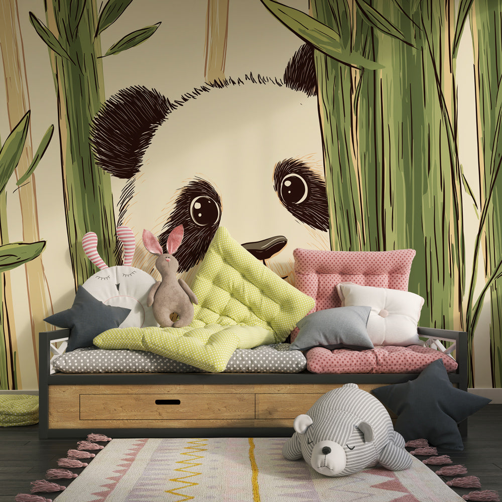 Kids-Mundo curious panda wall mural bringing bamboo greenery to a child's bedroom wall