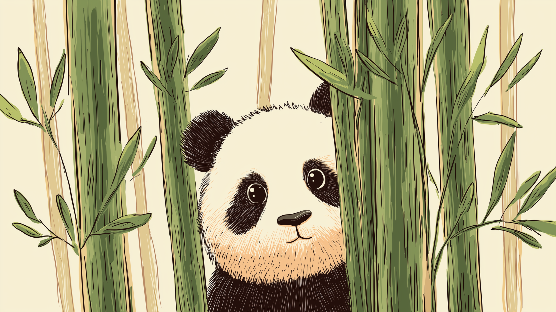 Kids-Mundo flat artwork preview of the curious panda bamboo forest wall mural design