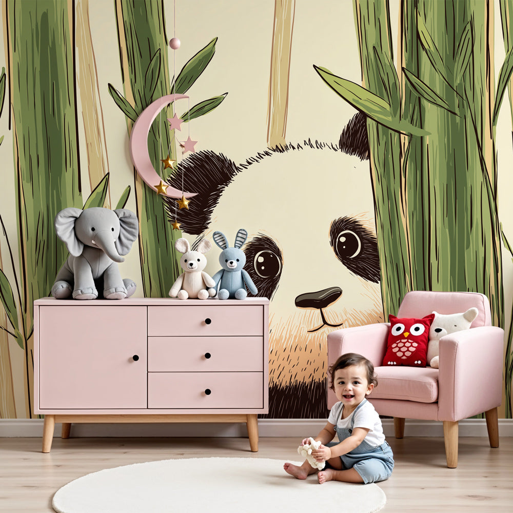 Kids-Mundo panda bamboo forest wall mural styled in a calm baby nursery setting