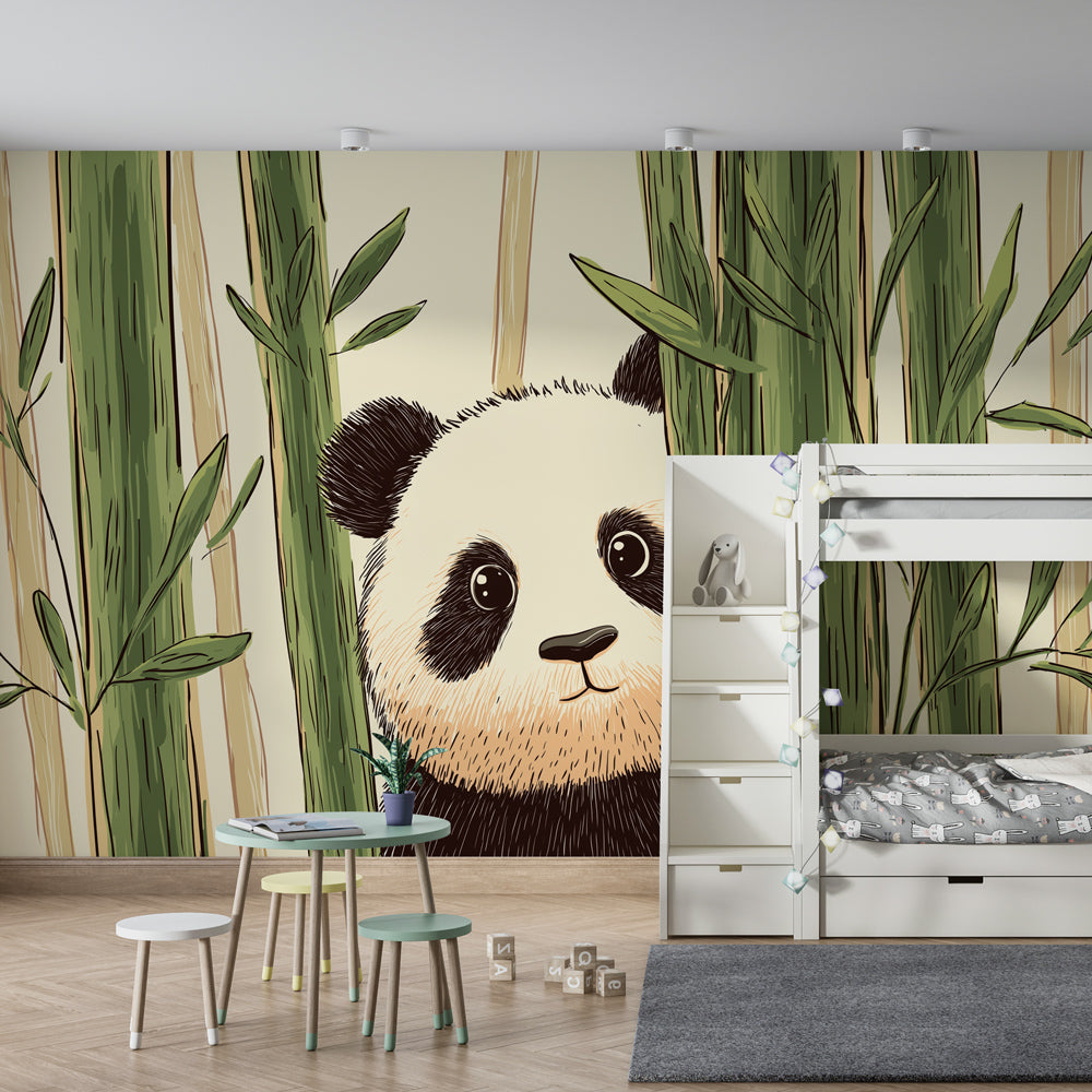 Kids-Mundo panda in bamboo wall mural adding a peaceful nature scene to a playroom