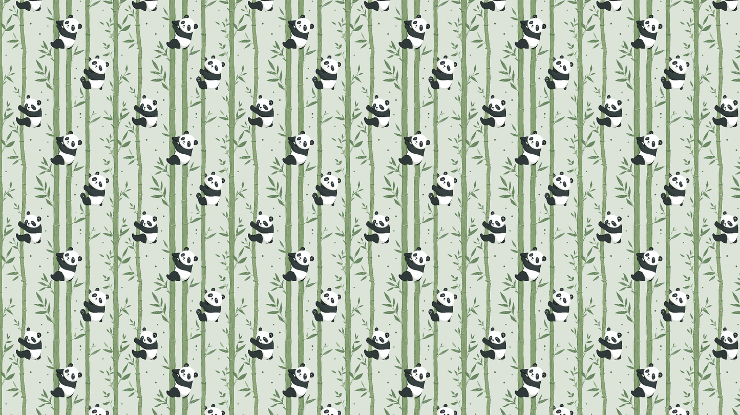 Kids-Mundo flat artwork of a repeating panda and bamboo pattern in soft sage green with black and white detailing.