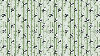 Kids-Mundo flat artwork of a repeating panda and bamboo pattern in soft sage green with black and white detailing.