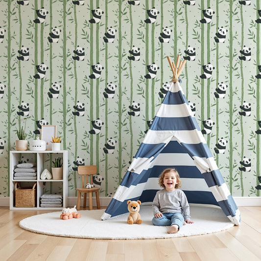 Kids-Mundo panda and bamboo wall mural in a soft sage-green nursery with a white cot and wooden rocking chair.