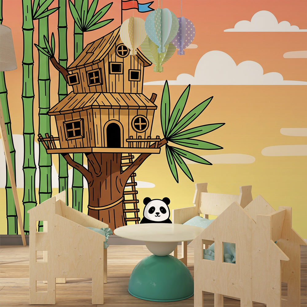 Kids-Mundo bamboo treehouse wall mural bringing woodland charm to a kids' bedroom.