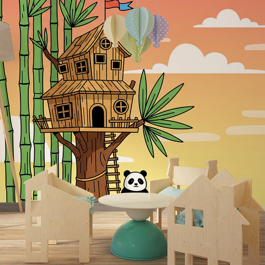 Kids-Mundo bamboo treehouse wall mural bringing woodland charm to a kids' bedroom.