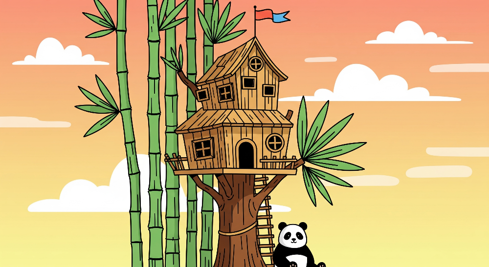 Kids-Mundo flat artwork of a panda beside a bamboo treehouse at sunset.