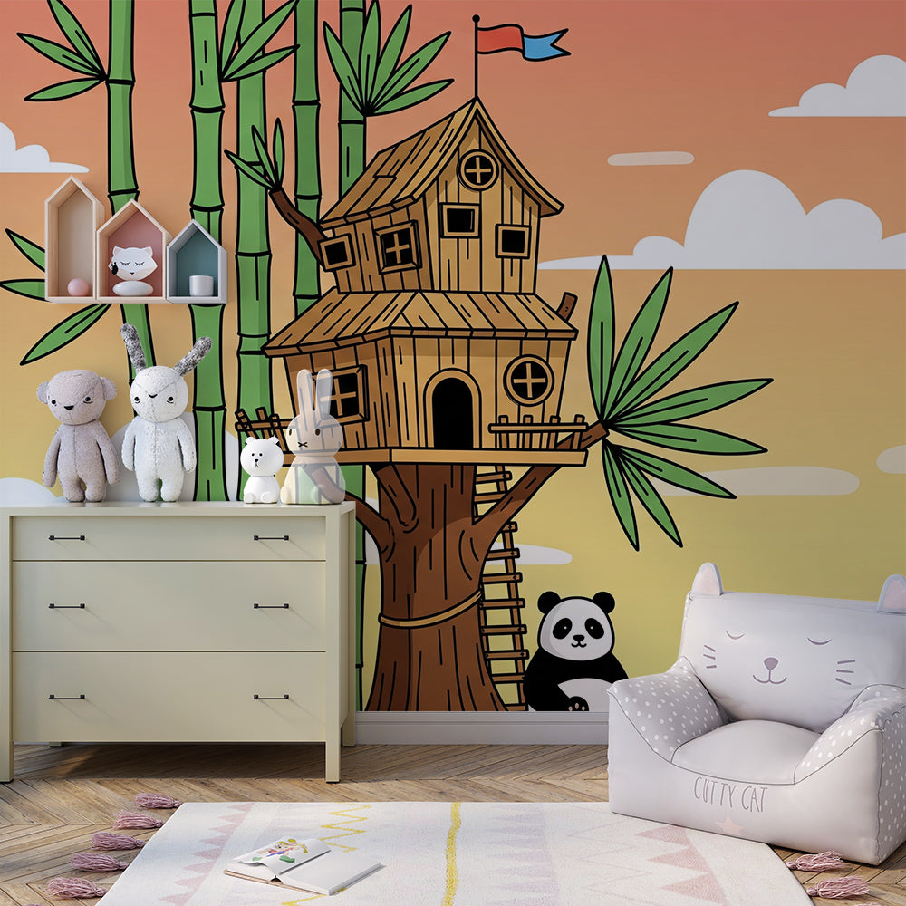 Kids-Mundo panda and treehouse wall mural adding adventure to a playroom wall.