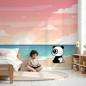 Panda beach sunset mural wallpaper creating peaceful nursery atmosphere by Kids-Mundo