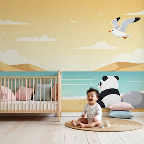 Panda beach mural wallpaper in modern baby nursery with coastal decor by Kids-Mundo