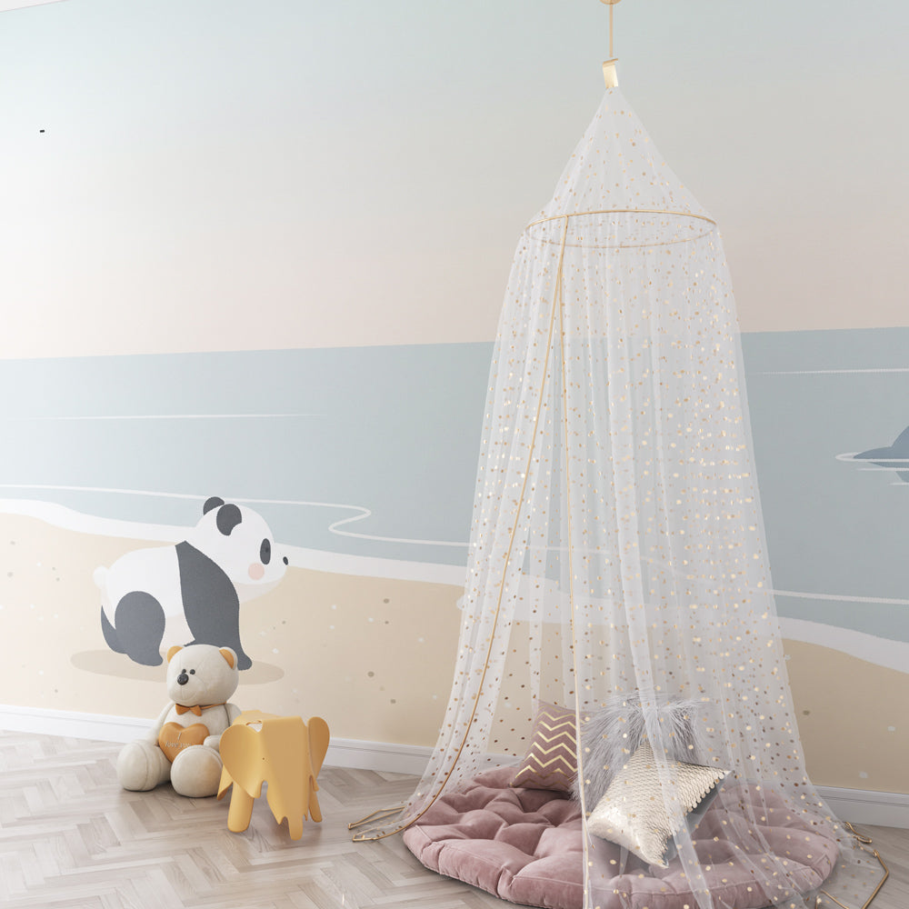 Coastal panda mural wallpaper with pastel beach tones for kids playroom by Kids-Mundo