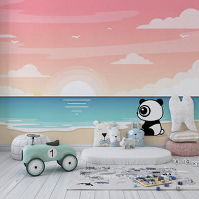 Calming beach scene mural wallpaper with panda for children's room decor by Kids-Mundo