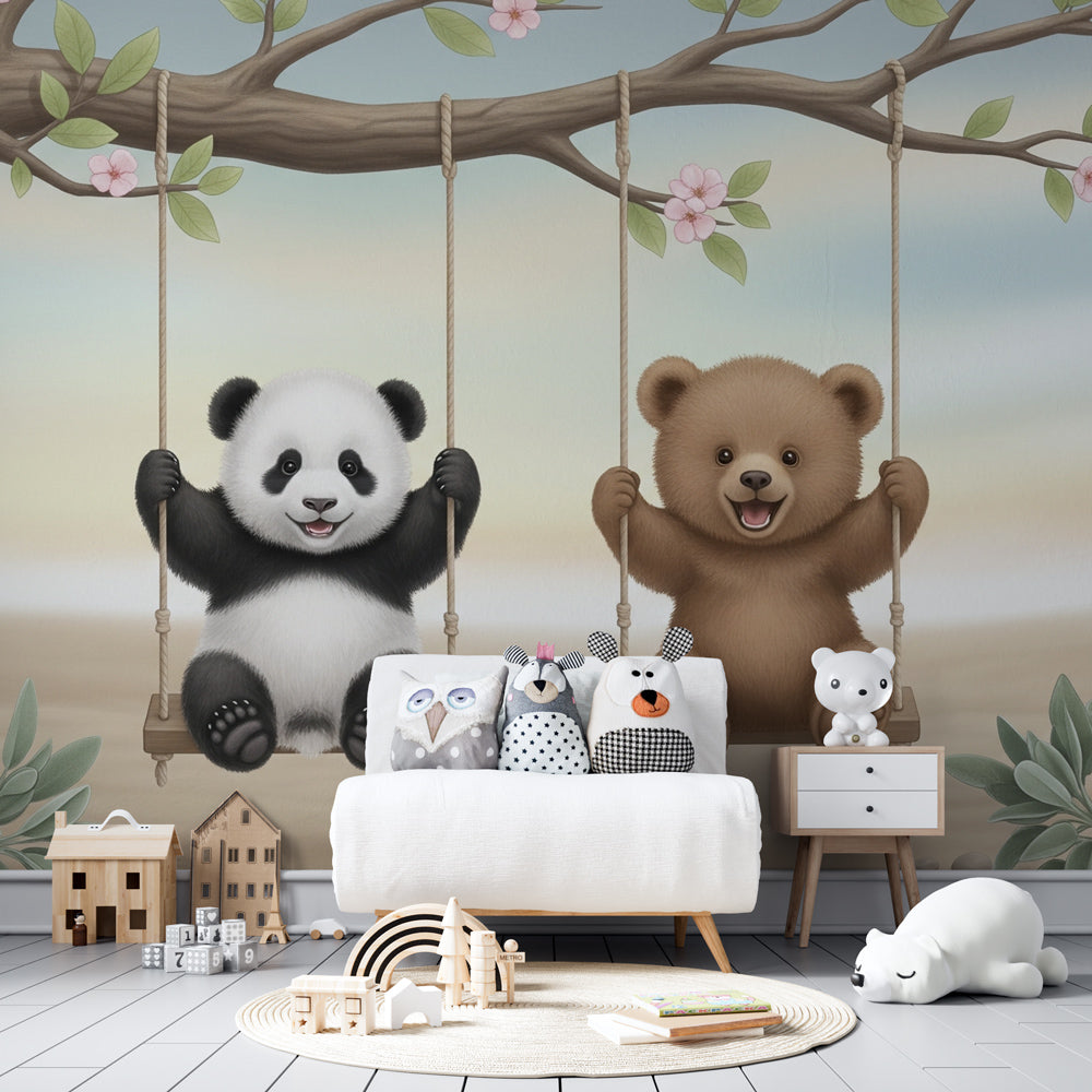 Kids-Mundo blossom swing wall mural with panda and bear cub in a child's bedroom