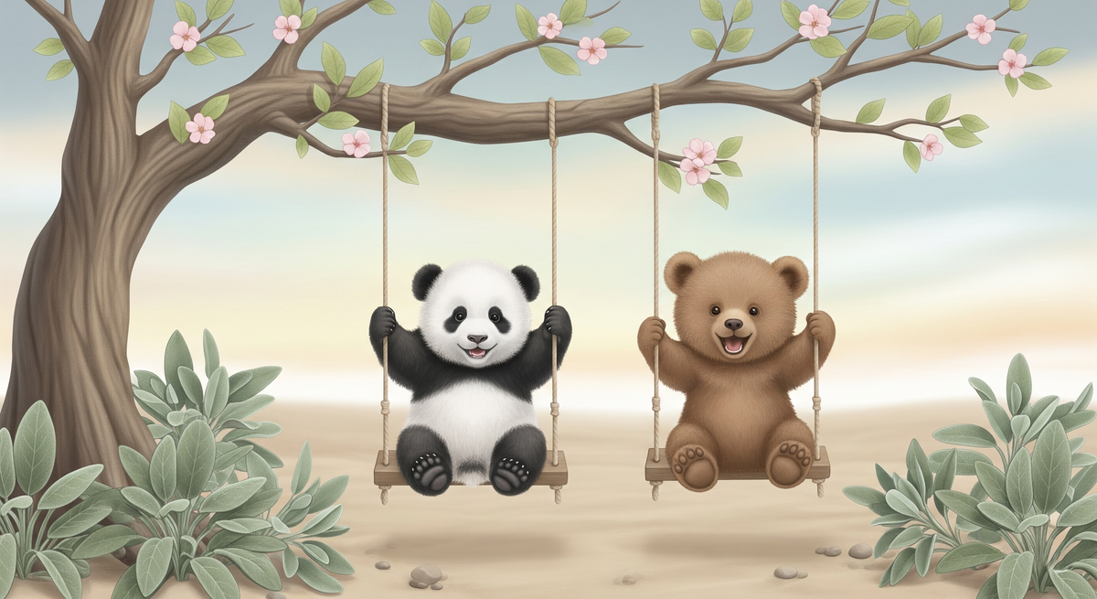 Panda and Bear Cub on a Blossom Tree Swing Wall Mural