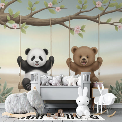 Kids-Mundo panda and bear cub on a tree swing wall mural brightening a playroom wall