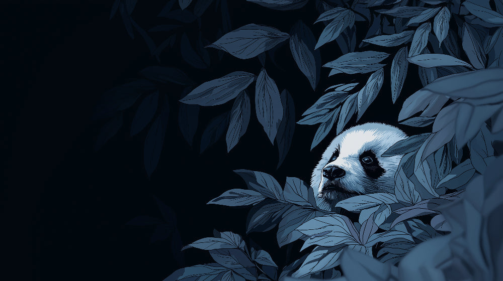 Detailed panda bear forest mural wallpaper design pattern showing curious cub among lush leaves by Kids-Mundo