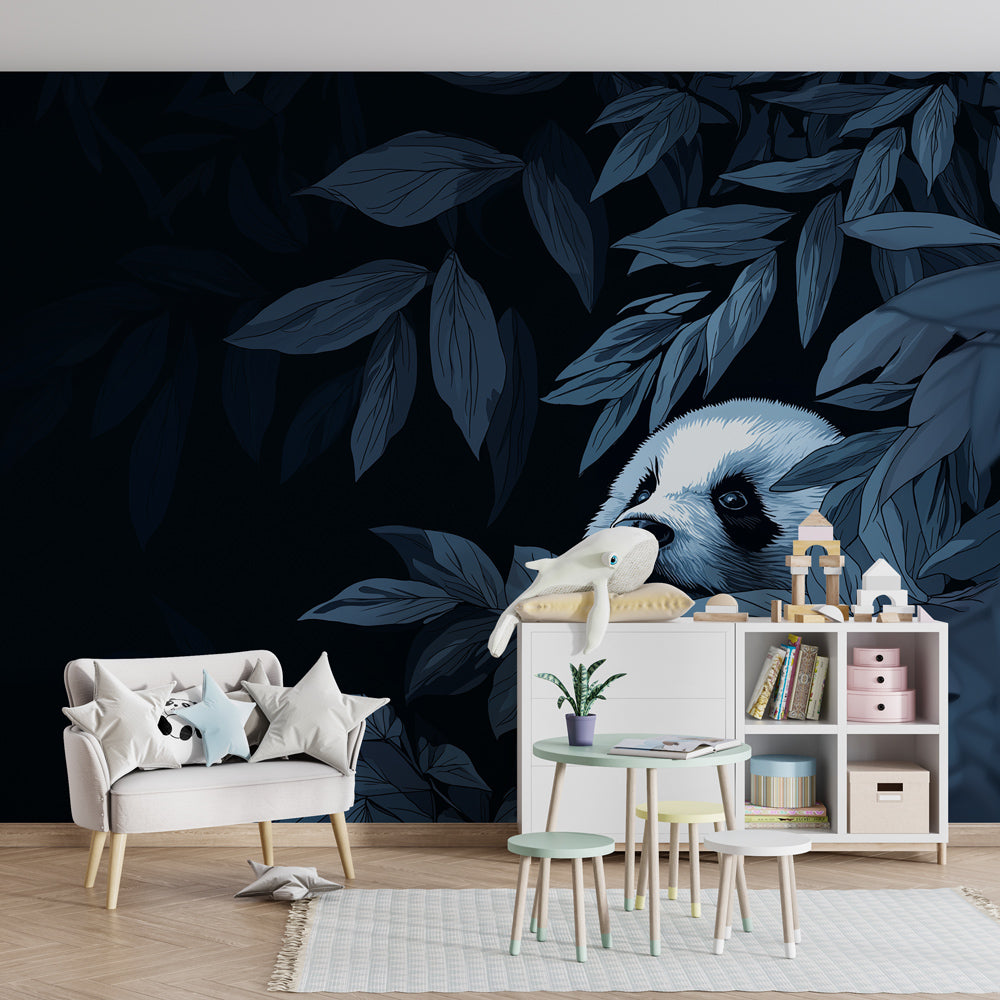 Nature-themed panda wallpaper with green foliage creating peaceful kids room atmosphere by Kids-Mundo