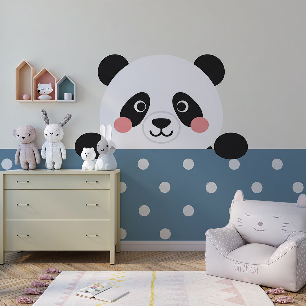 Kids-Mundo blue polka dot panda wall mural styled on a kids' bedroom wall