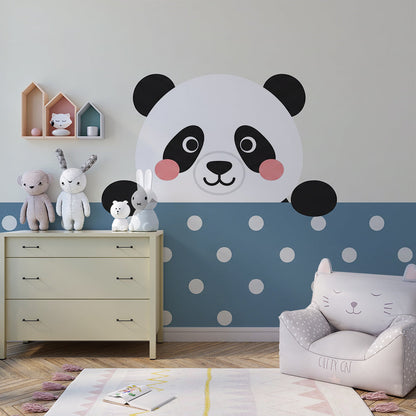 Kids-Mundo blue polka dot panda wall mural styled on a kids' bedroom wall
