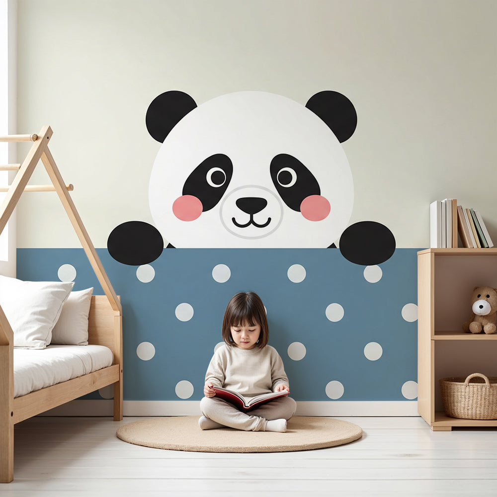Kids-Mundo panda wall mural peeking over a blue polka dot wall in a nursery