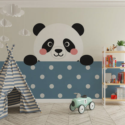 Kids-Mundo panda peeking over polka dots wall mural in a bright playroom