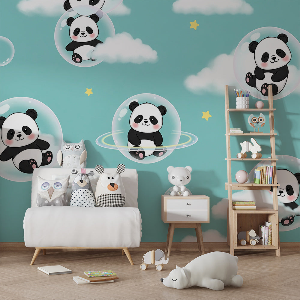 Kids-Mundo bubble panda pattern wall mural brightening a calm kids' bedroom.