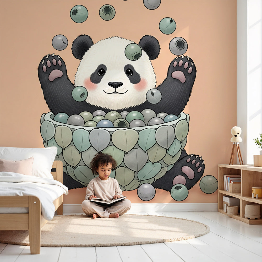 Panda and bubbles wall mural by Kids-Mundo styled in a warm, peach-toned nursery
