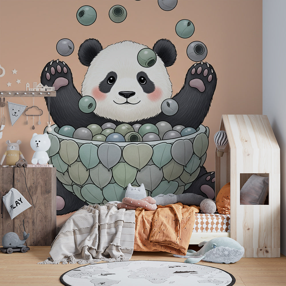 Playful panda bubbles wall mural by Kids-Mundo in a soft playroom setting