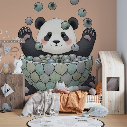 Playful panda bubbles wall mural by Kids-Mundo in a soft playroom setting
