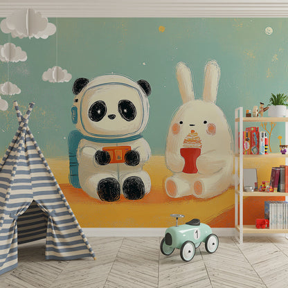 Kids-Mundo panda and bunny planet wall mural brightening a playroom wall