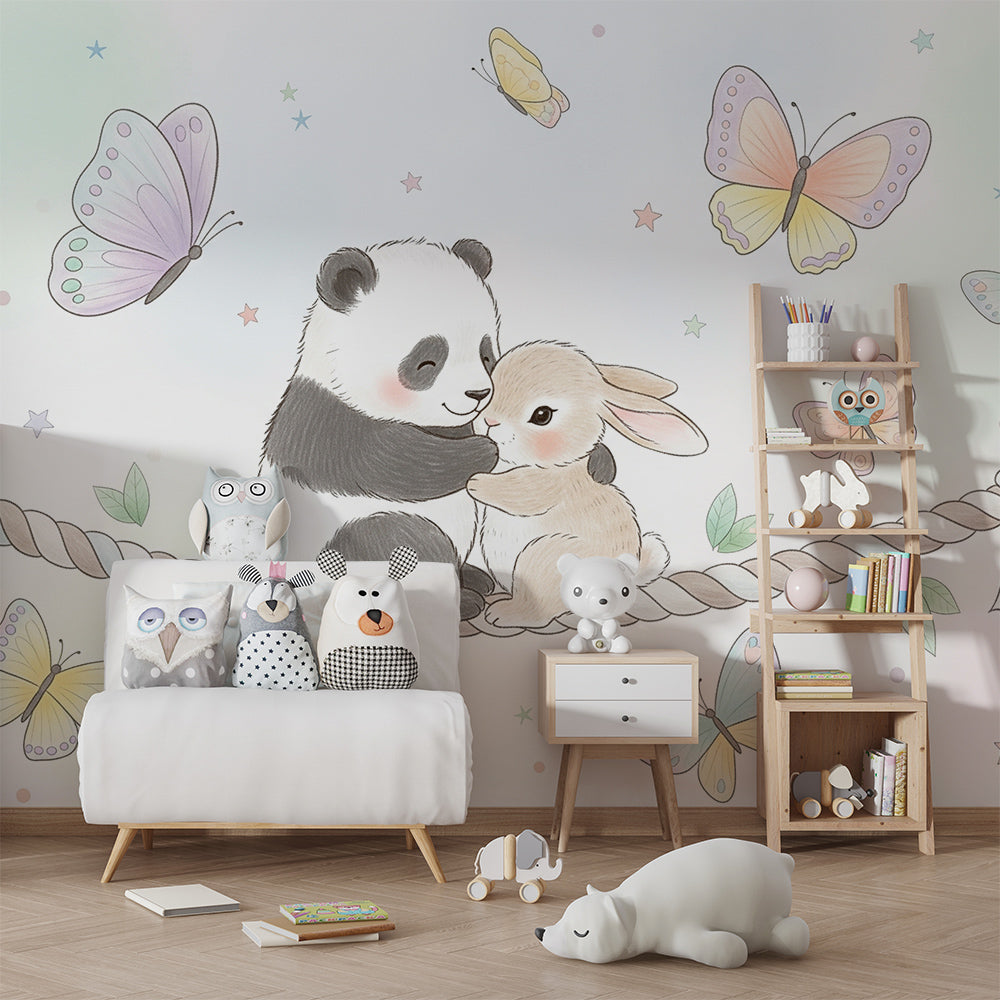 Kids-Mundo hugging panda and bunny wall mural styled in a child's bedroom
