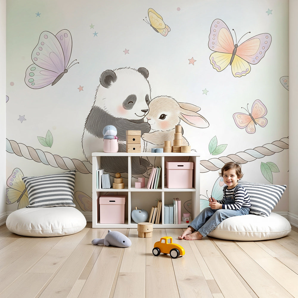 Kids-Mundo panda and bunny wall mural with pastel butterflies in a soft baby nursery