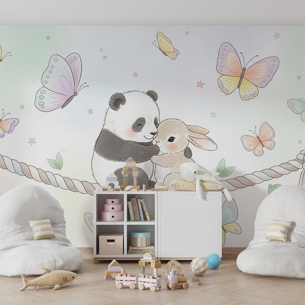 Kids-Mundo pastel butterfly wall mural with panda and bunny in a playroom setting