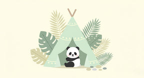 Detailed panda camping mural wallpaper design pattern with tropical foliage by Kids-Mundo