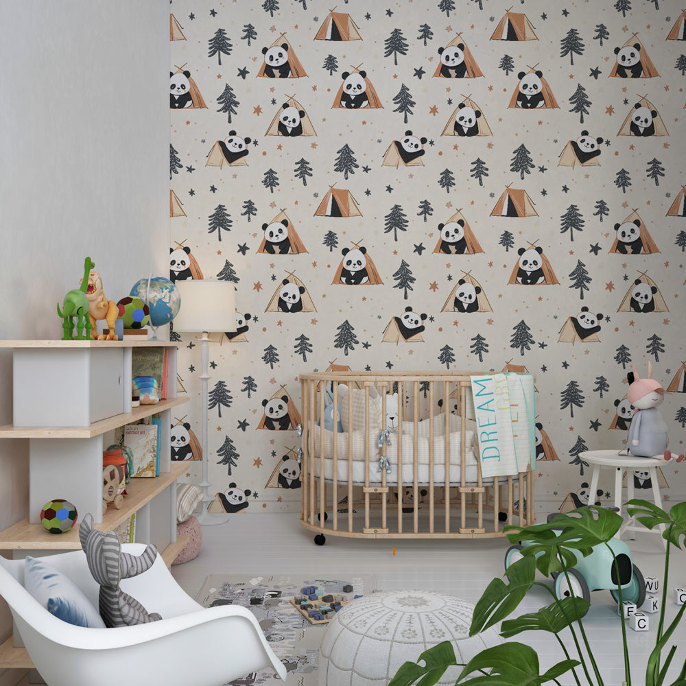 Starry panda camping mural wallpaper transforming kids room into magical forest retreat