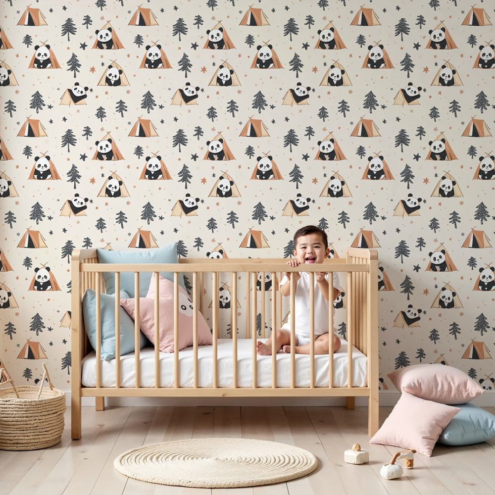 Panda camping mural wallpaper creating cozy forest nursery decor with starry night theme by Kids-Mundo