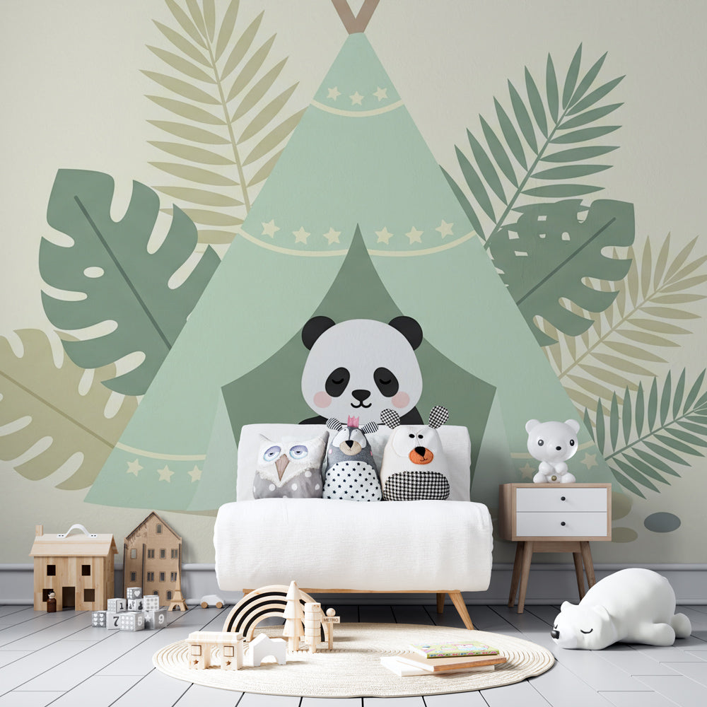Tropical panda camping mural wallpaper transforming kids playroom into nature retreat