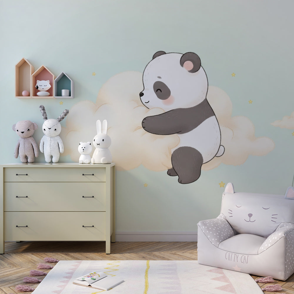 Dreamy panda wallpaper in baby bedroom with crib showing peaceful nursery decor by Kids-Mundo